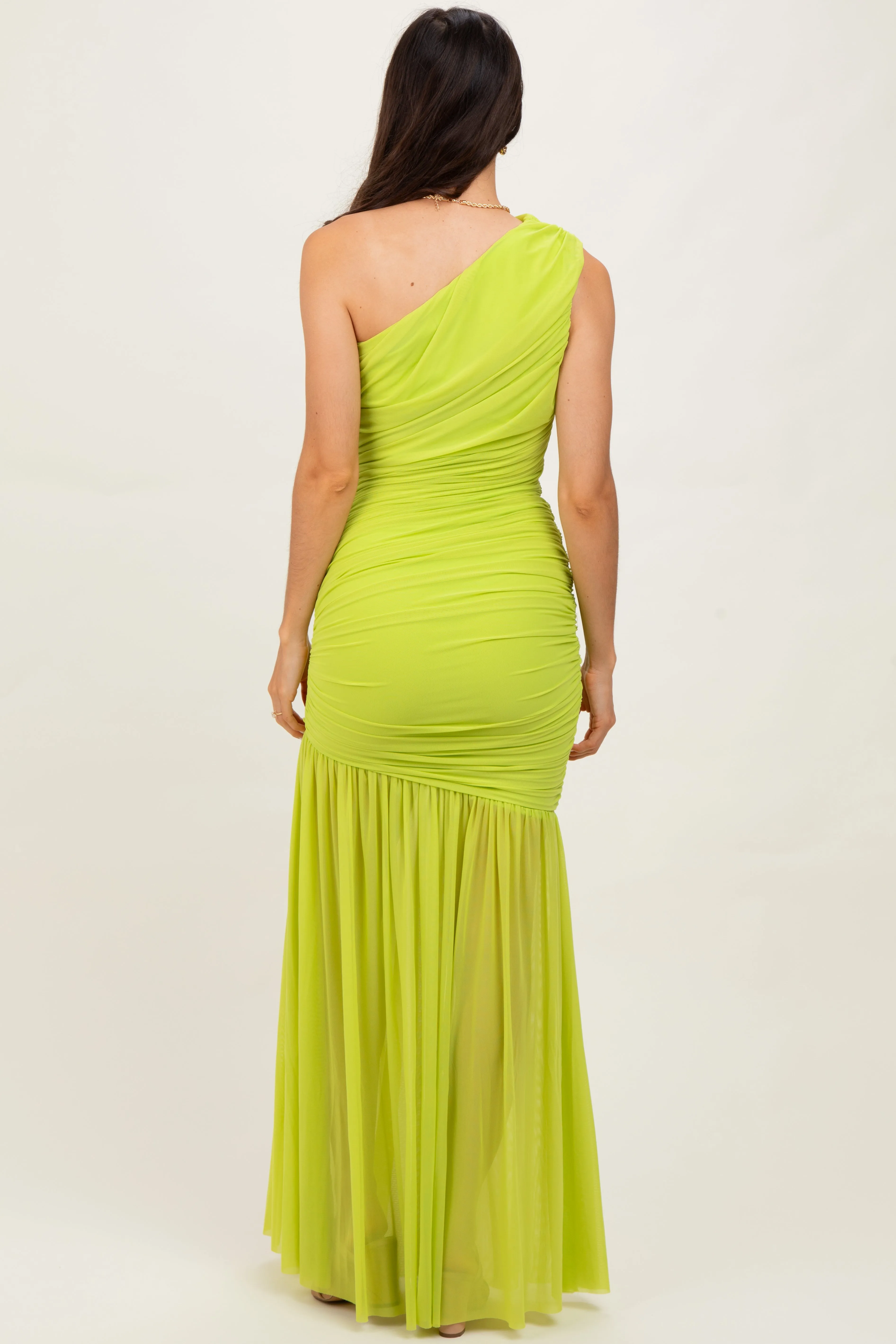 Lime Ruched Mesh One Shoulder Maxi Dress sold by Pinkblush product image thumbnail 4