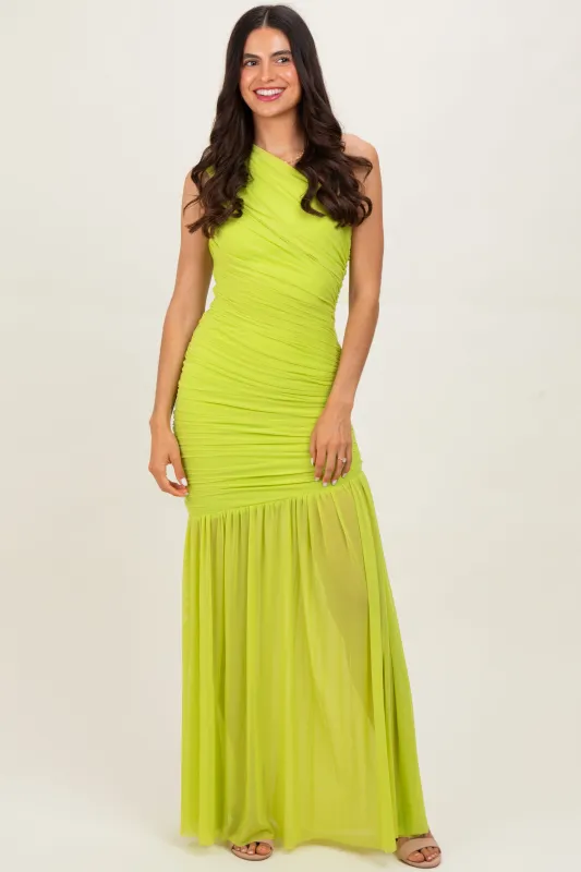 Lime Ruched Mesh One Shoulder Maxi Dress sold by Pinkblush