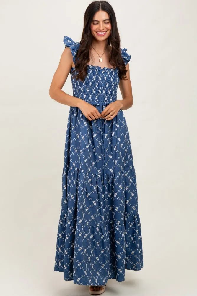 Denim Off White Floral Embroidered Tiered Maxi Dress sold by Pinkblush product image thumbnail 2