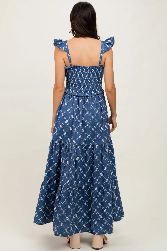 Denim Off White Floral Embroidered Tiered Maxi Dress sold by Pinkblush product image thumbnail 4