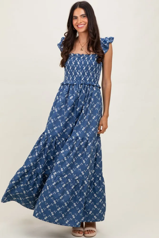 Denim Off White Floral Embroidered Tiered Maxi Dress sold by Pinkblush