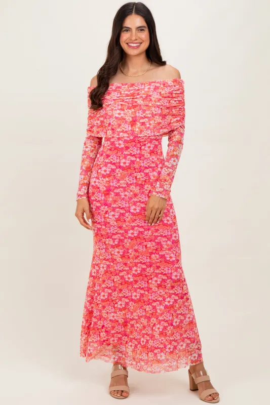 Pink Floral Mesh Off Shoulder Long Sleeve Maxi Dress sold by Pinkblush