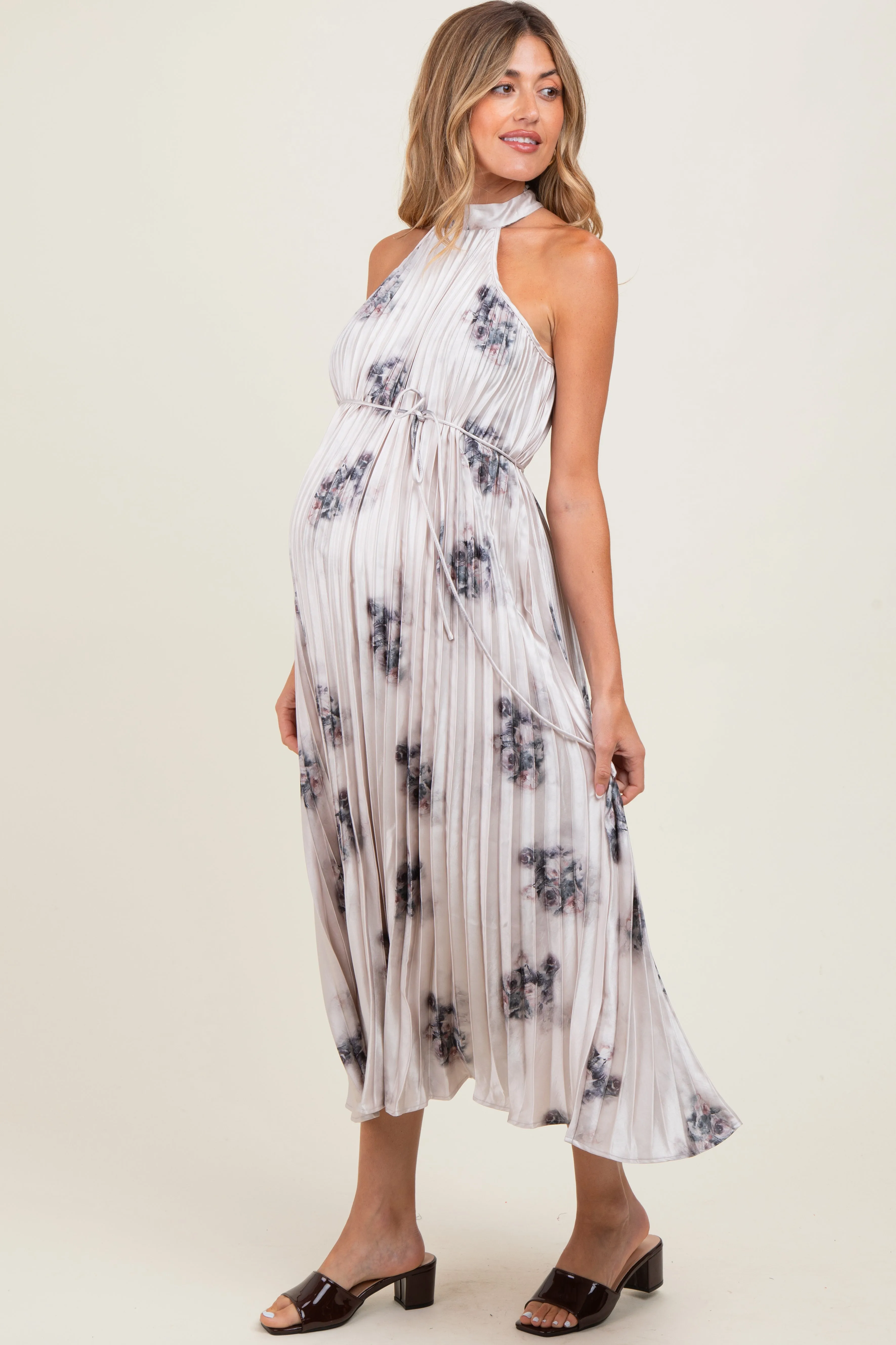 Light Pink Printed Pleated Maternity Halter Dress sold by Pinkblush product image thumbnail 3