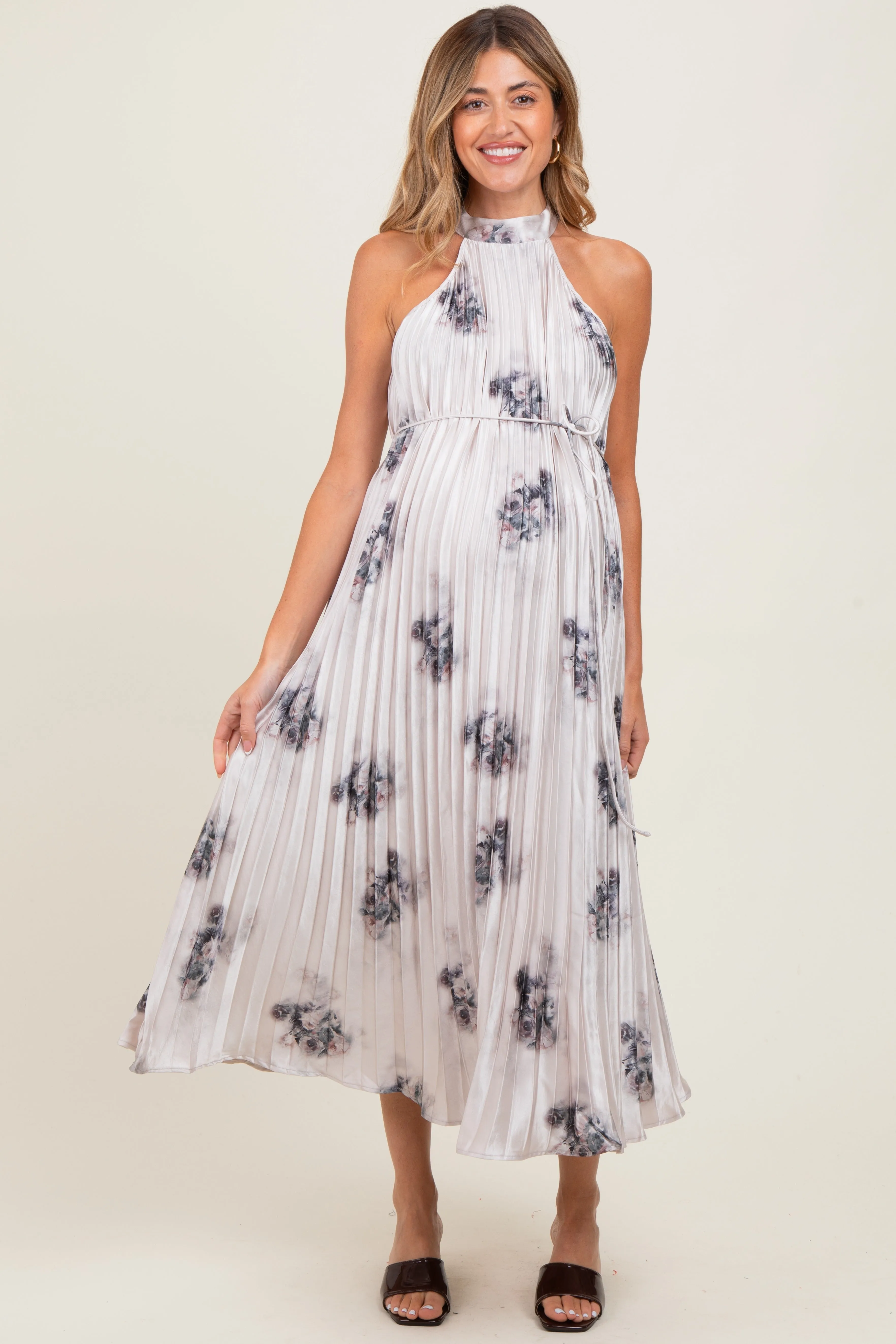 Light Pink Printed Pleated Maternity Halter Dress sold by Pinkblush