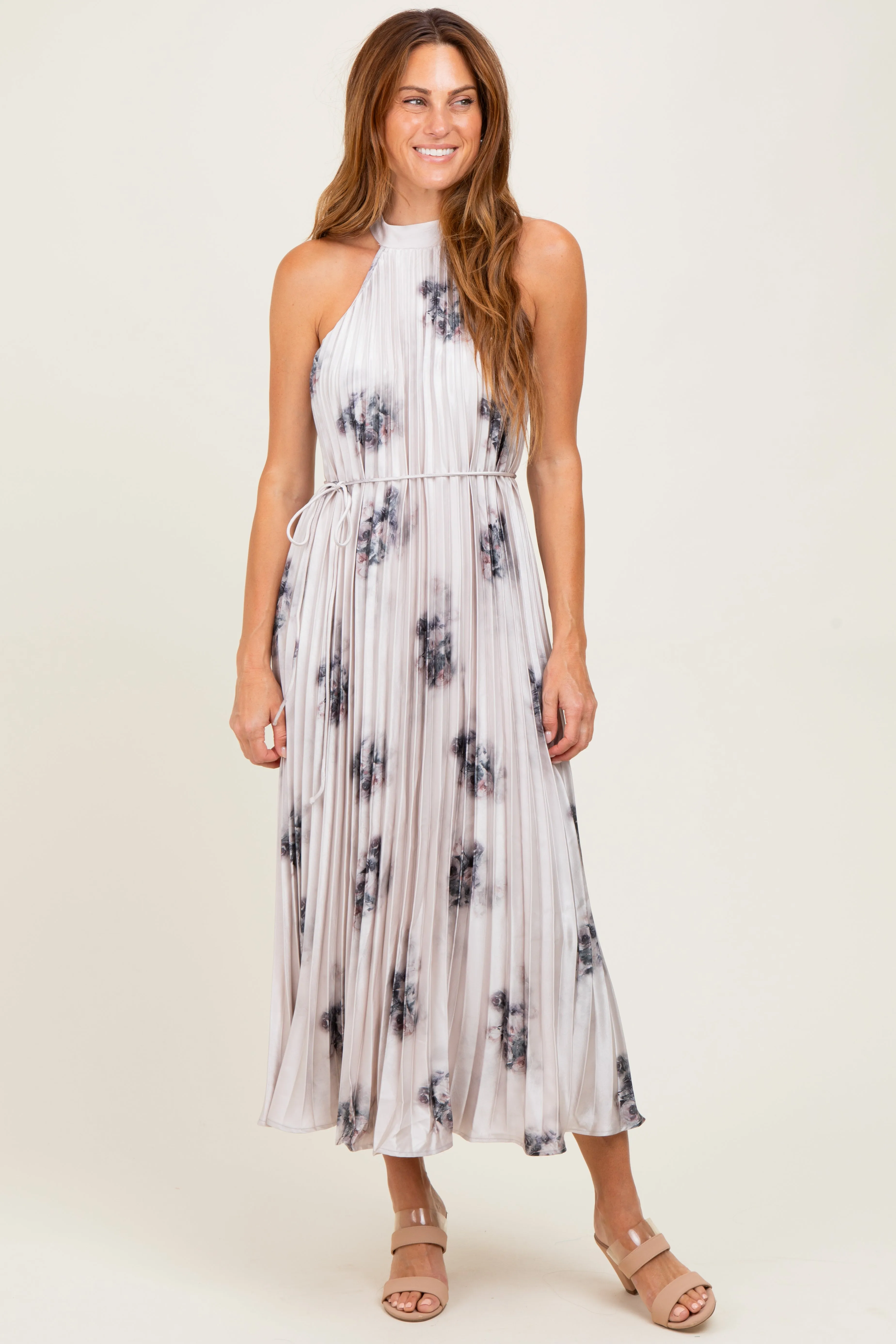 Light Pink Printed Pleated Maternity Halter Dress sold by Pinkblush product image thumbnail 5