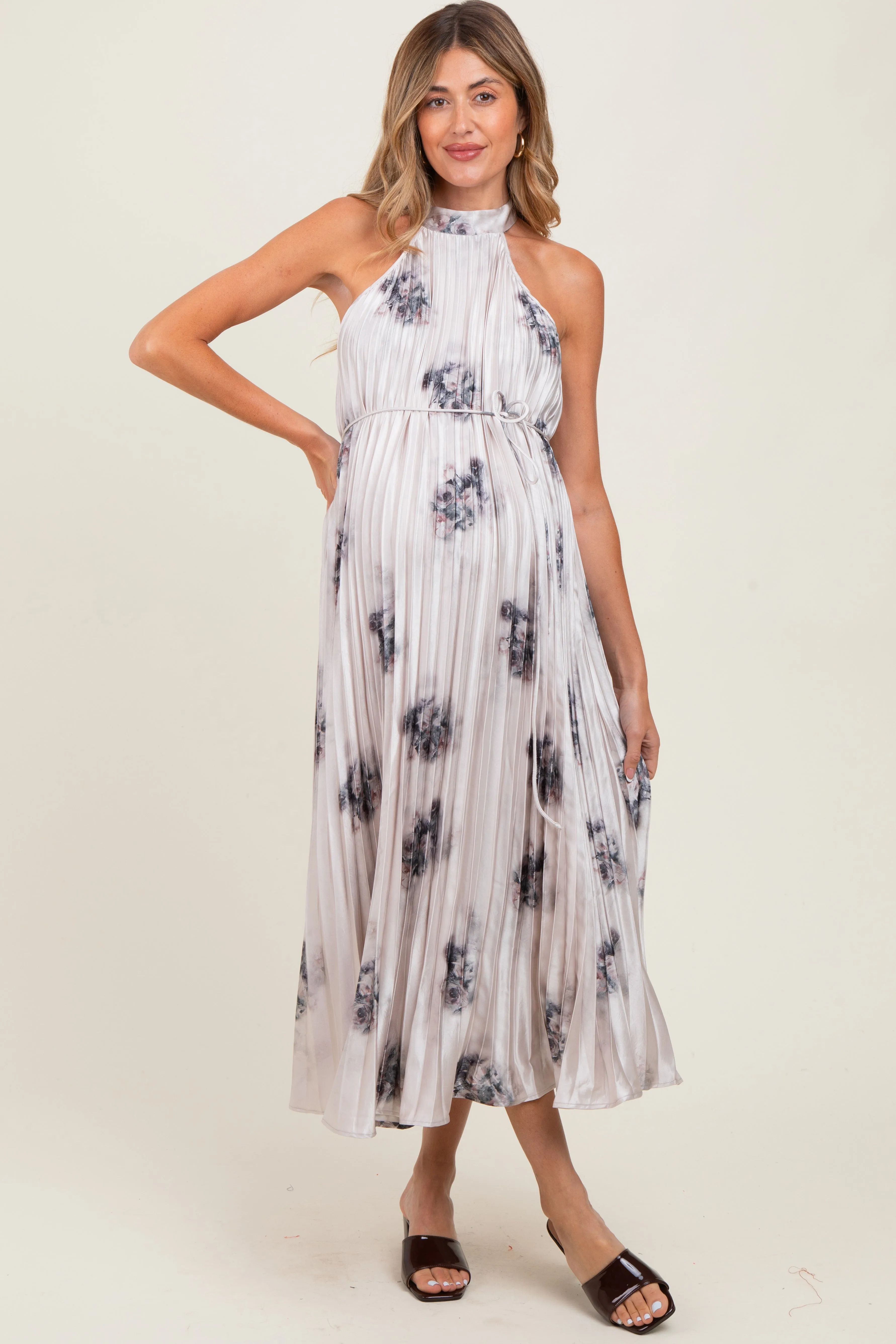 Light Pink Printed Pleated Maternity Halter Dress sold by Pinkblush product image thumbnail 2