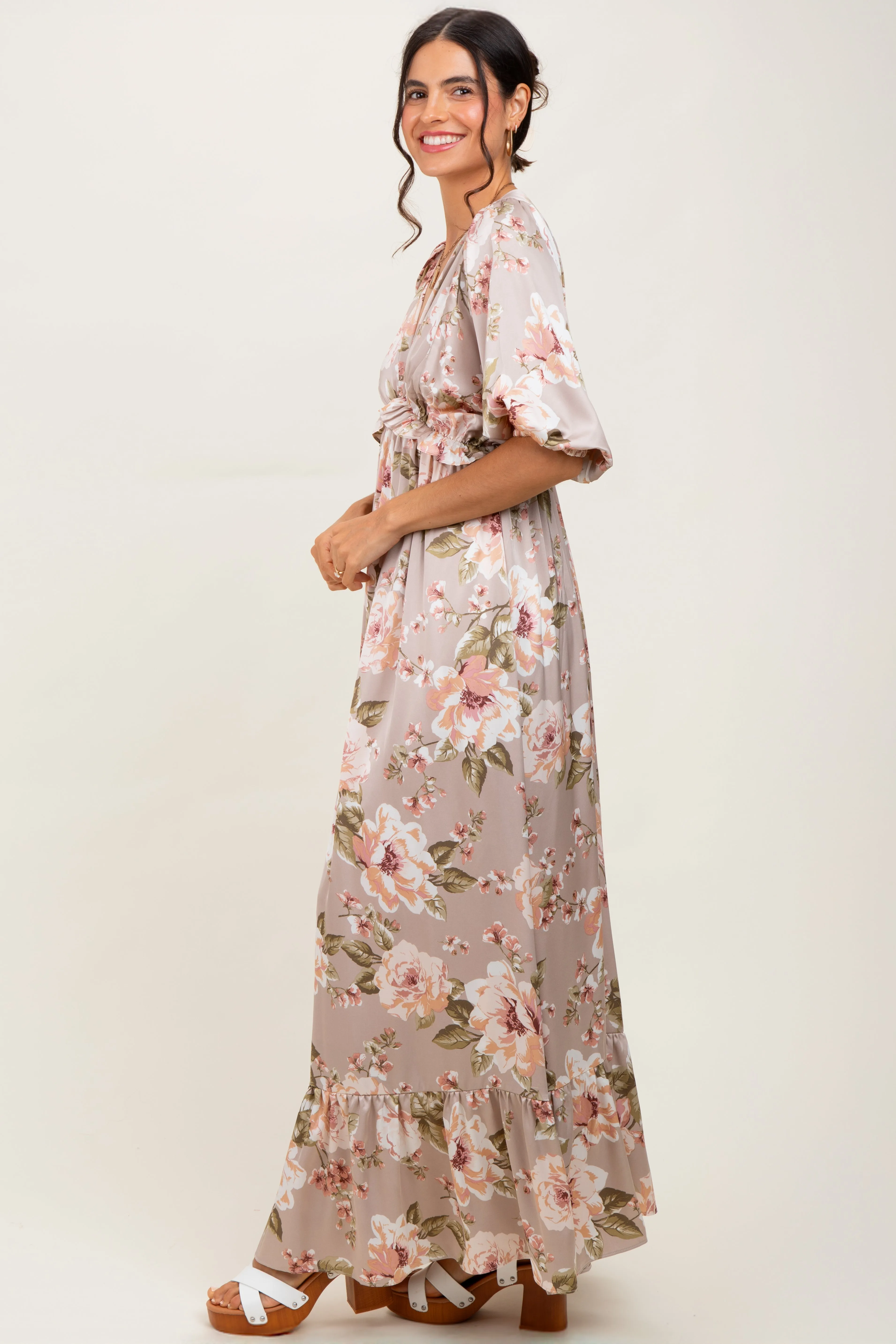 Taupe Floral Print Elbow Sleeve V-Neck Tiered Maxi Dress sold by Pinkblush product image thumbnail 3