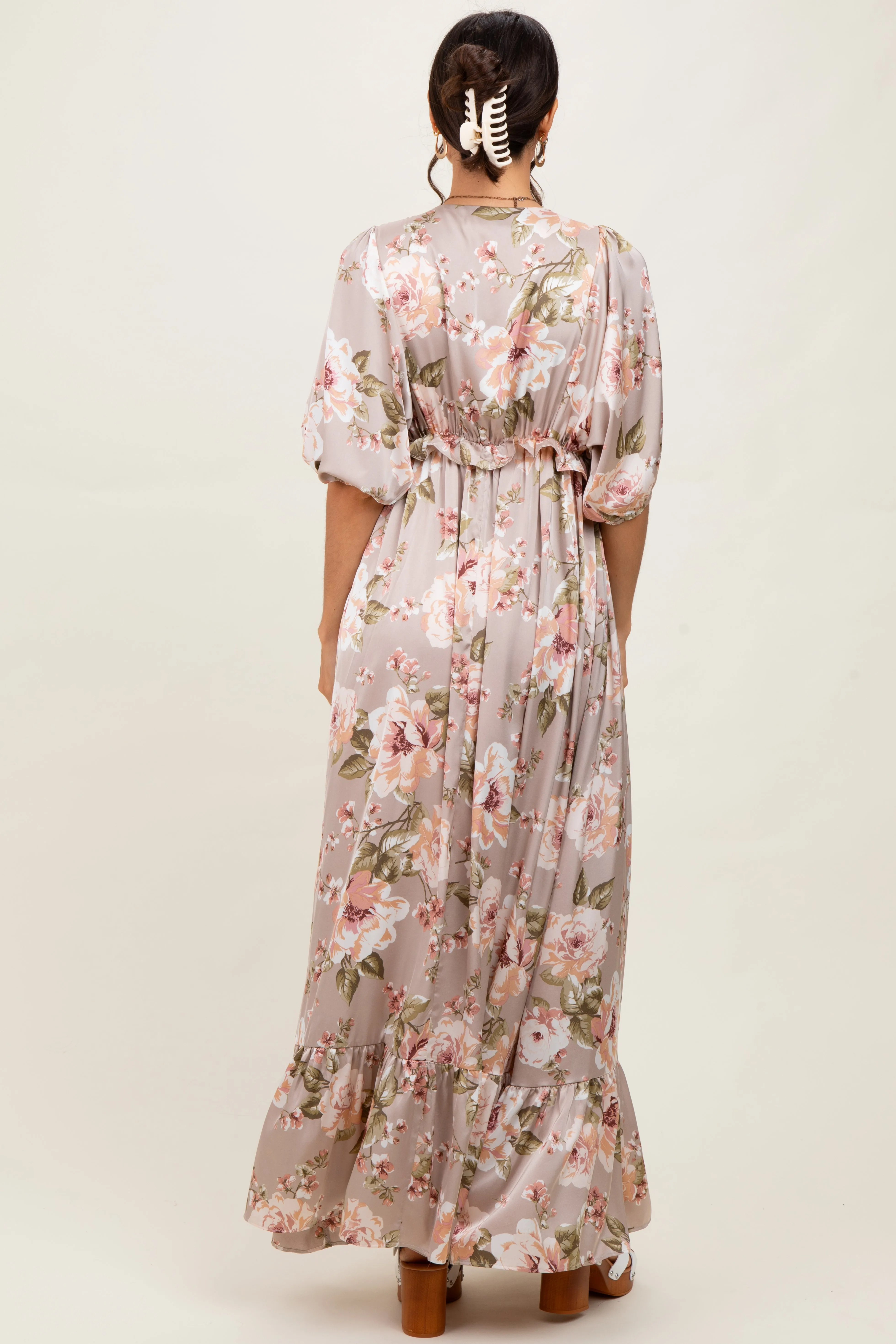 Taupe Floral Print Elbow Sleeve V-Neck Tiered Maxi Dress sold by Pinkblush product image thumbnail 4