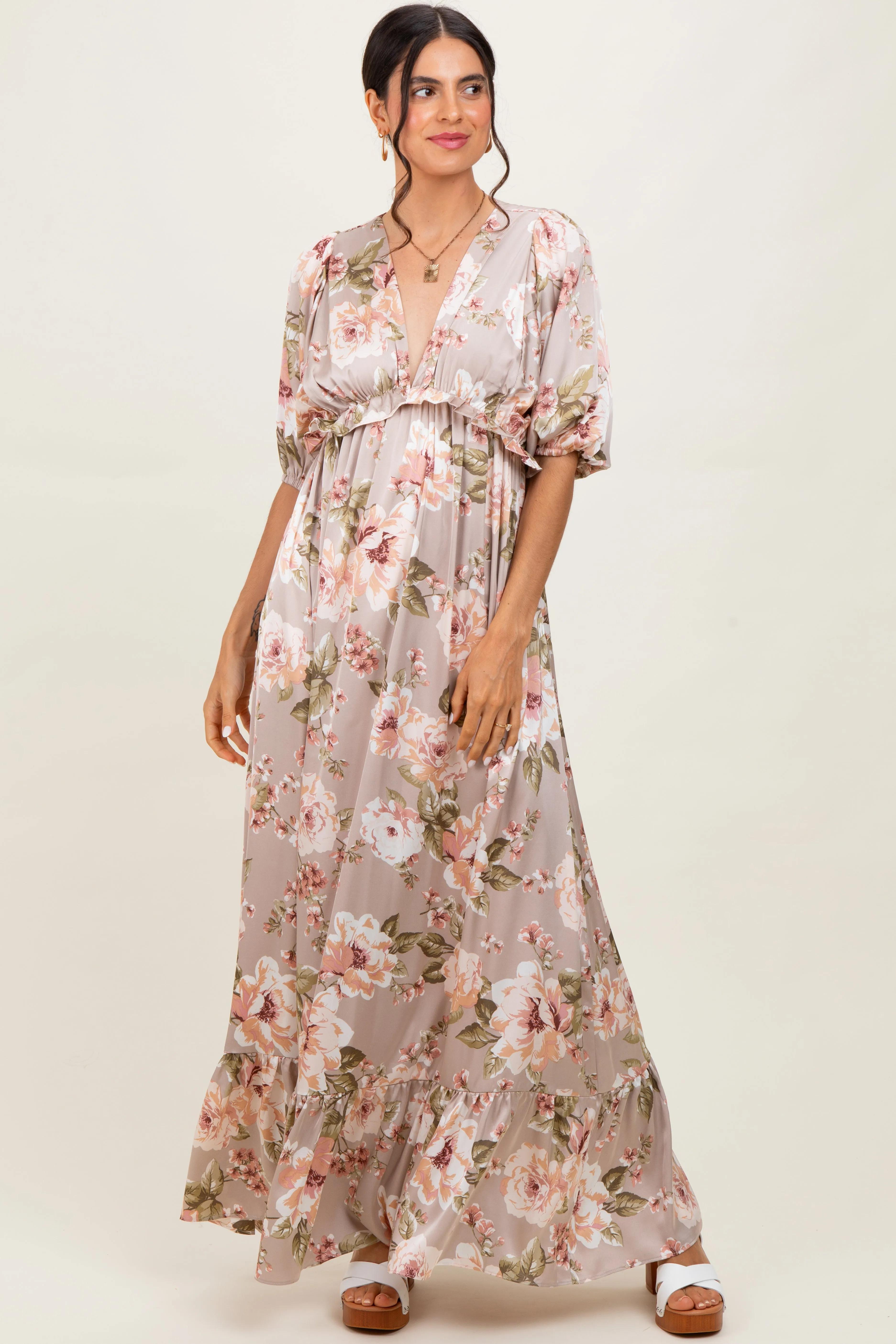 Taupe Floral Print Elbow Sleeve V-Neck Tiered Maxi Dress sold by Pinkblush