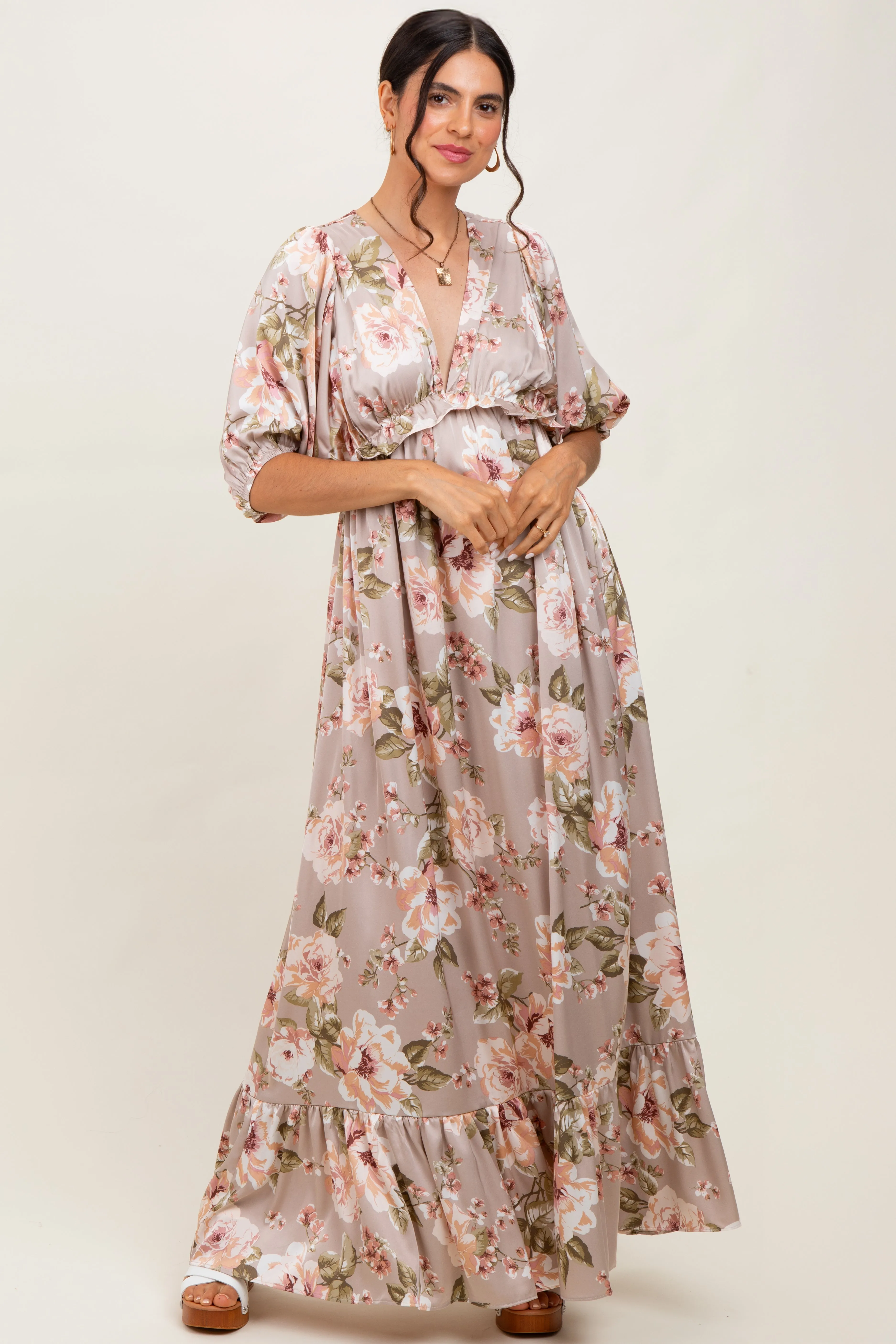 Taupe Floral Print Elbow Sleeve V-Neck Tiered Maxi Dress sold by Pinkblush product image thumbnail 2