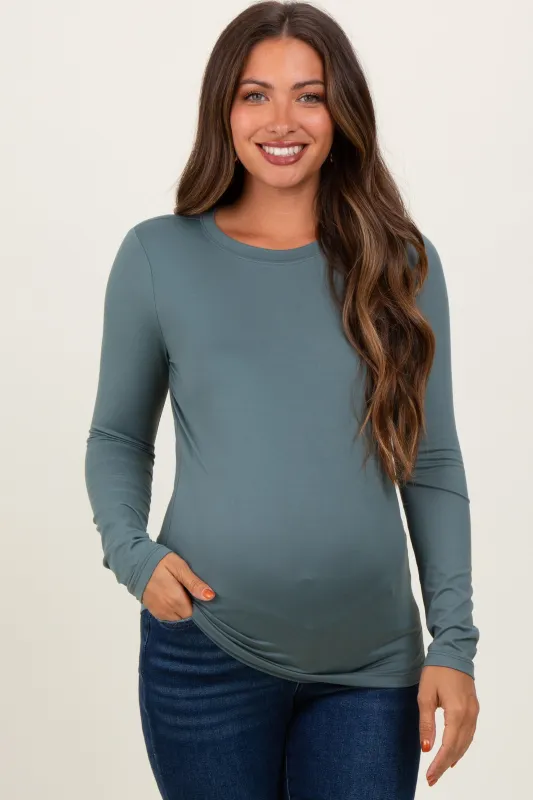 Dusty Jade Basic Long Sleeve Maternity Top sold by Pinkblush