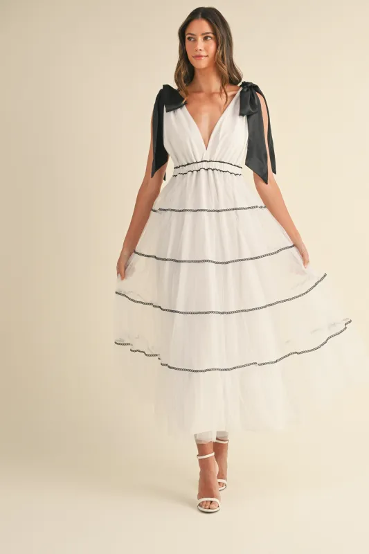 White Shoulder Bow Tie Lace Detail Tulle Midi Dress sold by Pinkblush
