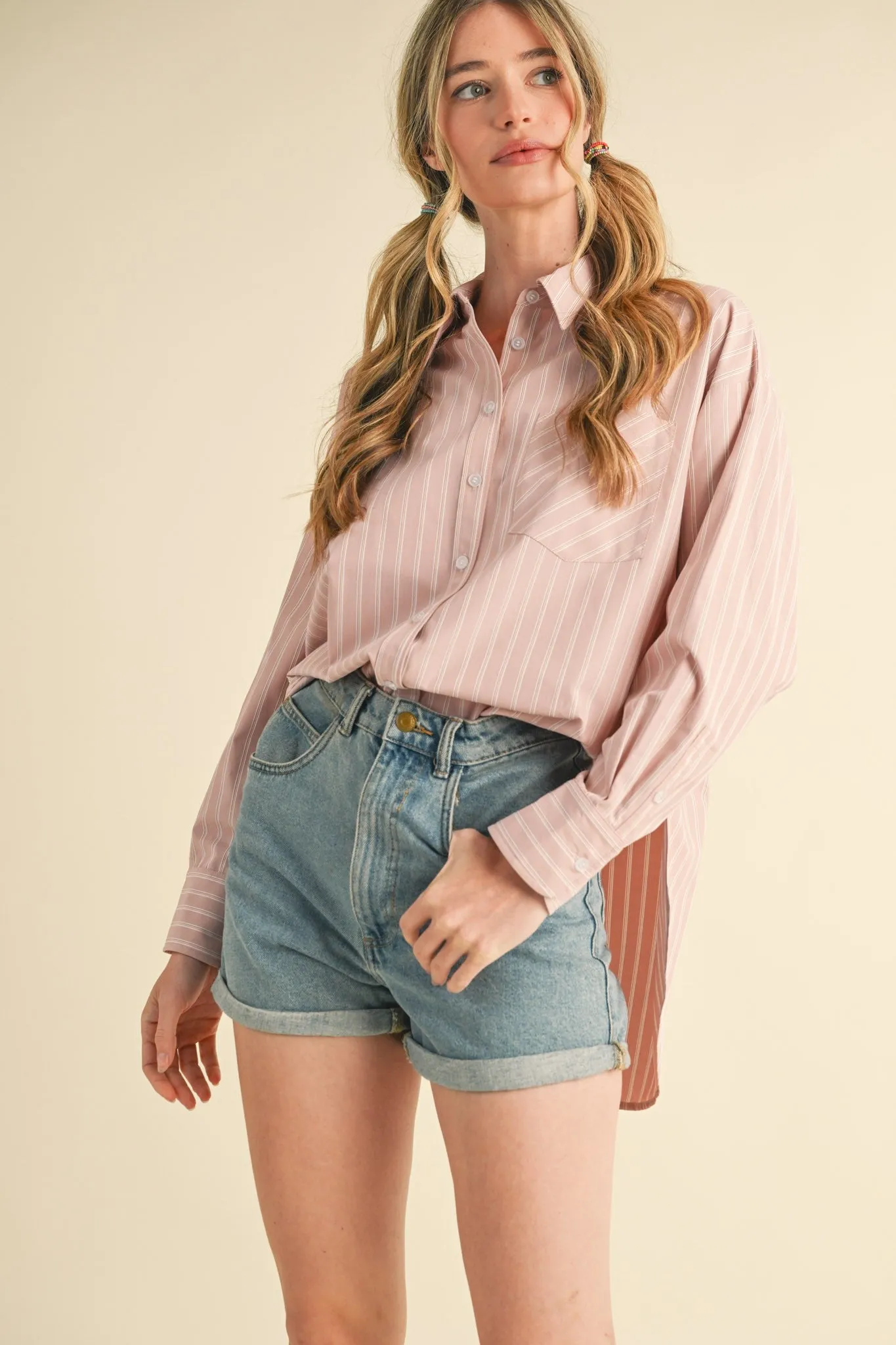 Mauve Striped Button Down Oversized Shirt sold by Pinkblush product image thumbnail 4