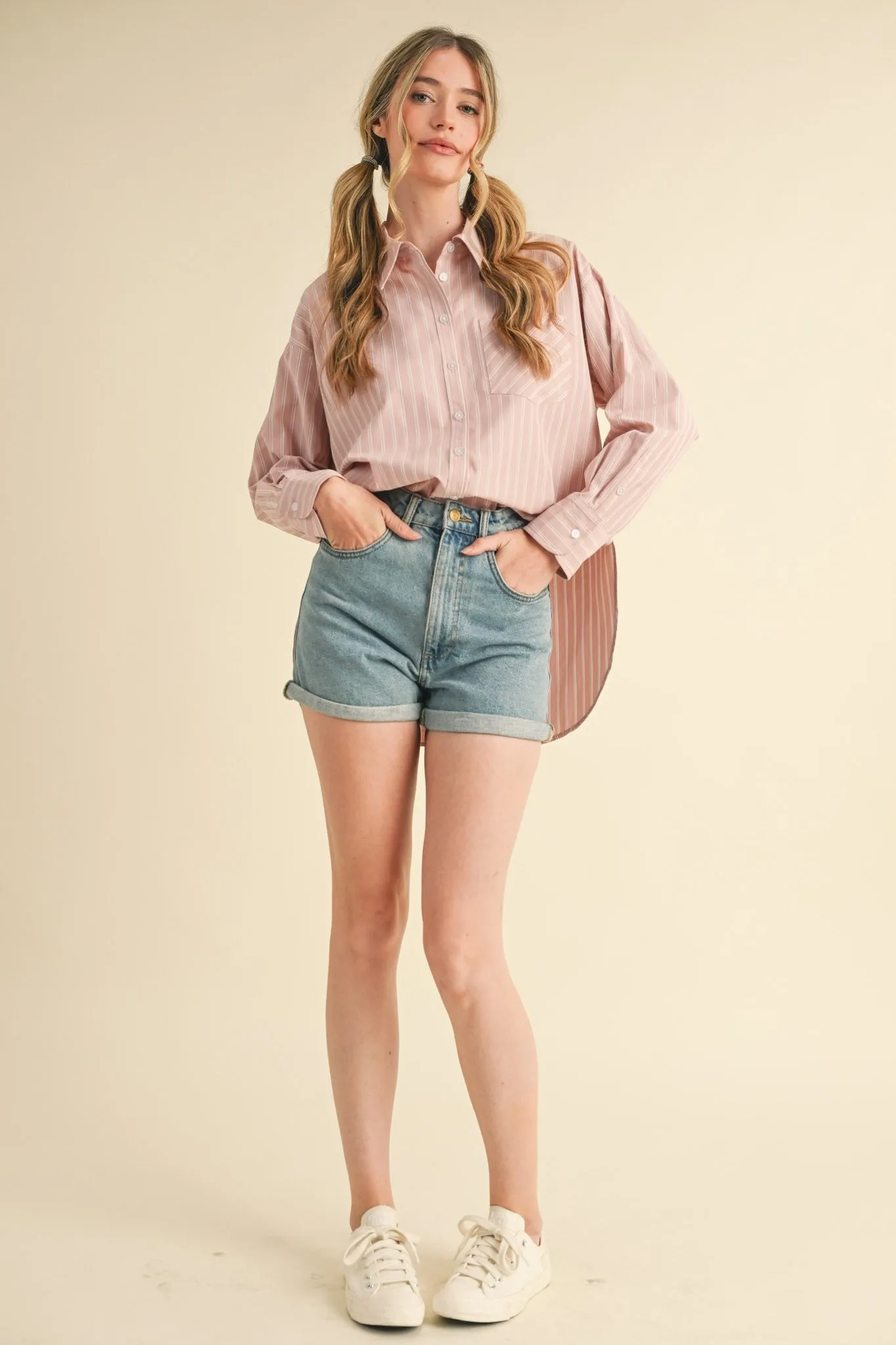 Mauve Striped Button Down Oversized Shirt sold by Pinkblush product image thumbnail 5