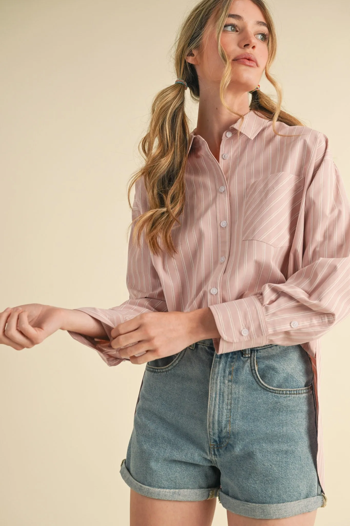 Mauve Striped Button Down Oversized Shirt sold by Pinkblush product image thumbnail 2