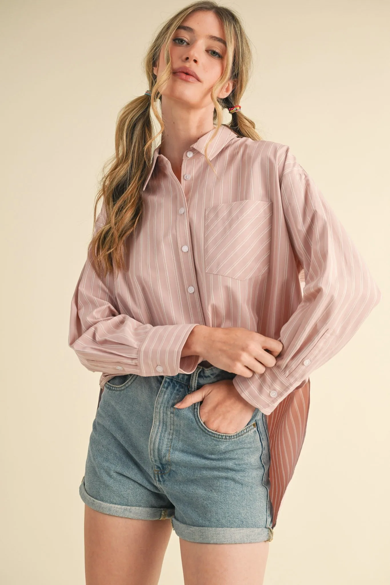 Mauve Striped Button Down Oversized Shirt sold by Pinkblush product image thumbnail 3