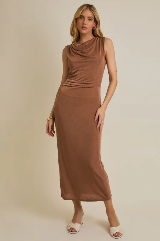 Mocha Draped Neck Sleeveless Midi Dress sold by Pinkblush