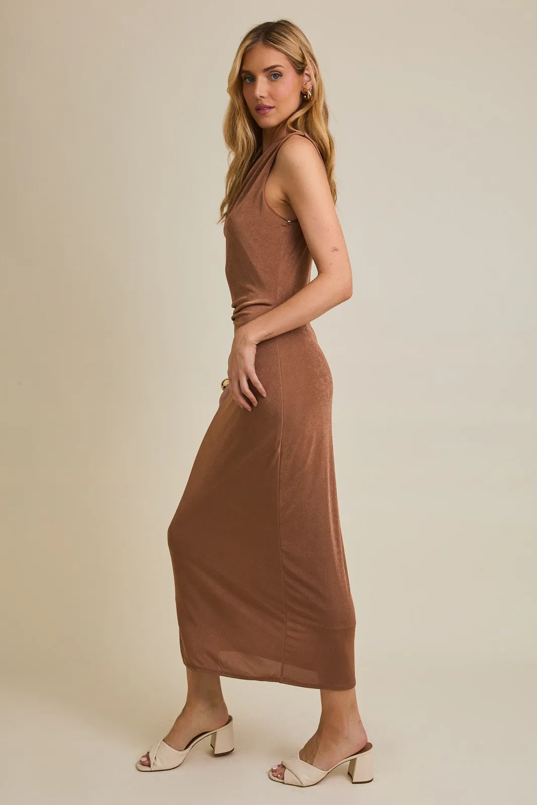 Mocha Draped Neck Sleeveless Midi Dress sold by Pinkblush product image thumbnail 3