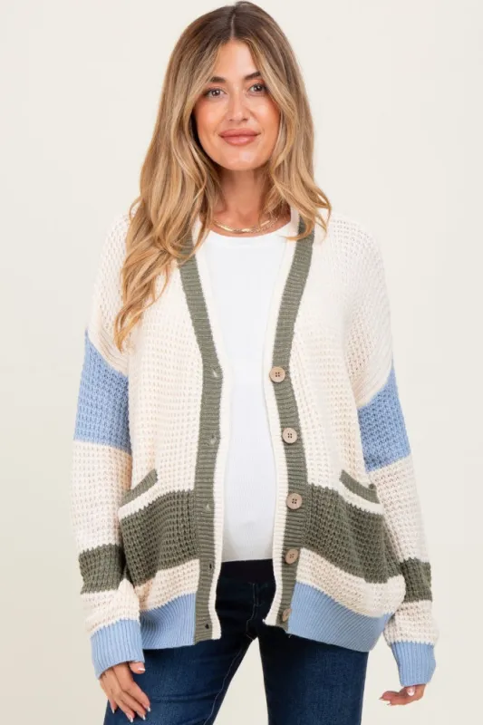 Cream Chunky Knit Colorblock Button-Up Maternity Cardigan sold by Pinkblush