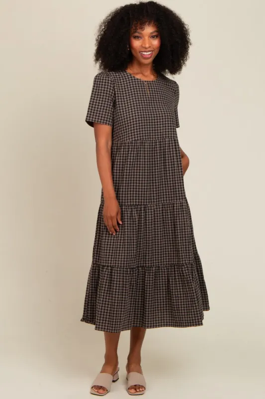 Black Gingham Tiered Midi Dress sold by Pinkblush