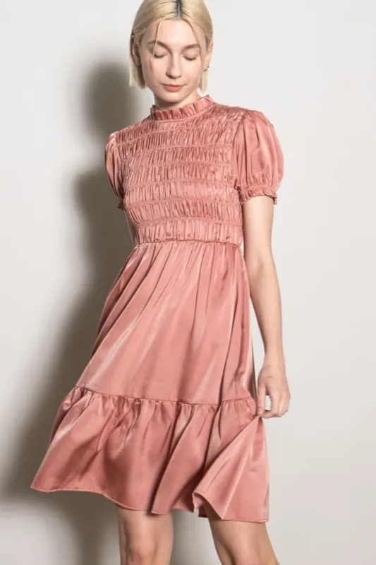 Mauve Satin Smocked Mock Neck Dress sold by Pinkblush