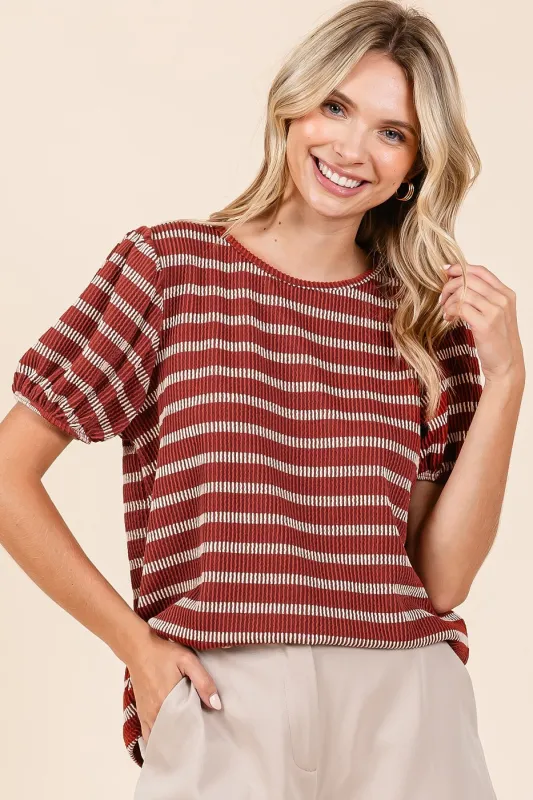 Rust Textured Knit Striped Puff Sleeve Top sold by Pinkblush