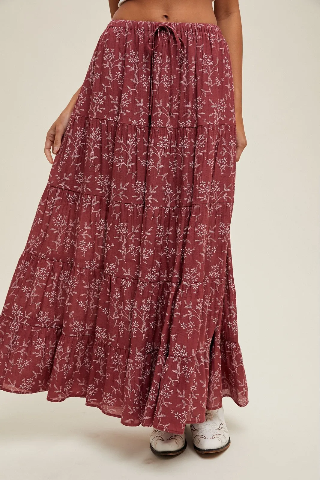 Rust Floral Drawstring Tiered Maxi Skirt sold by Pinkblush product image thumbnail 2