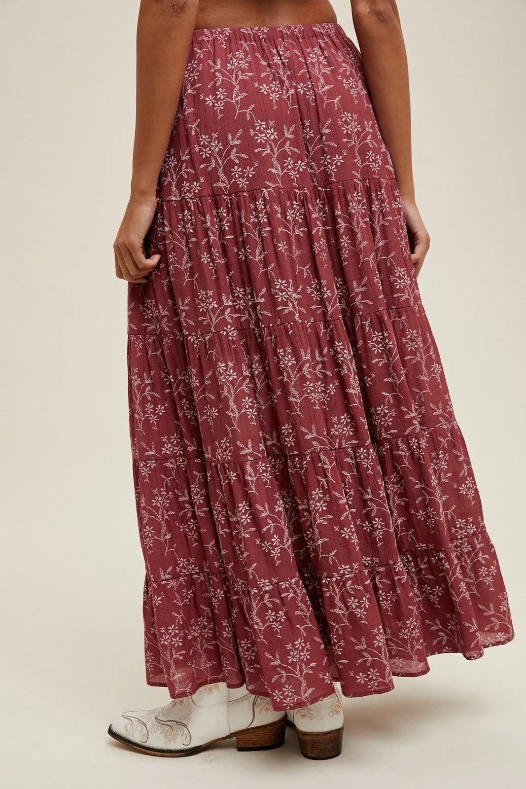 Rust Floral Drawstring Tiered Maxi Skirt sold by Pinkblush product image thumbnail 4