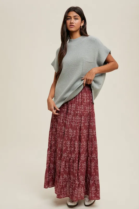 Rust Floral Drawstring Tiered Maxi Skirt sold by Pinkblush