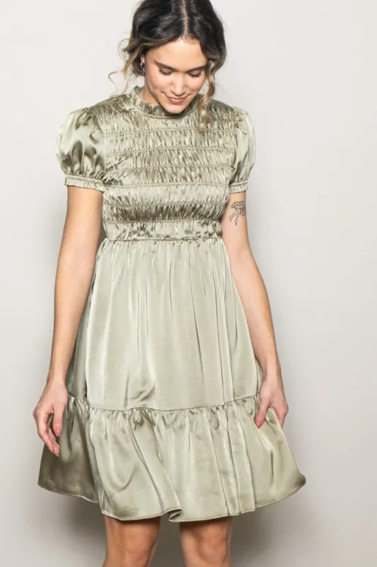 Light Olive Satin Smocked Mock Neck Dress sold by Pinkblush
