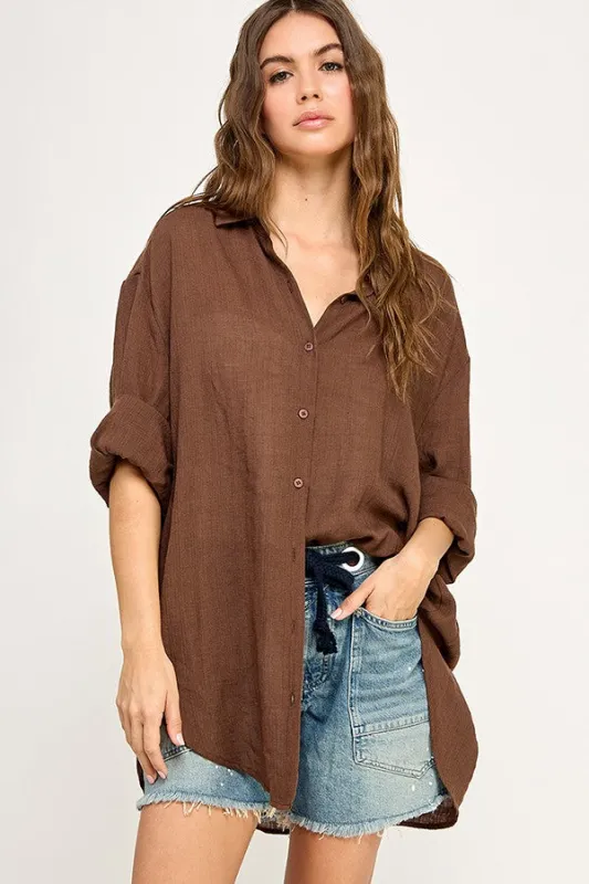 Light Brown Lightweight Sheer Button Down Blouse sold by Pinkblush