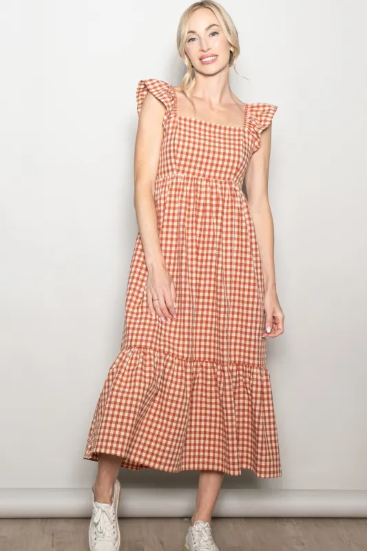 Rust Gingham Ruffle Strap Midi Dress sold by Pinkblush