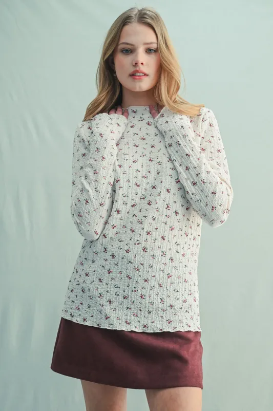 Ivory Floral Crinkled Texture High Neck Long Sleeve sold by Pinkblush