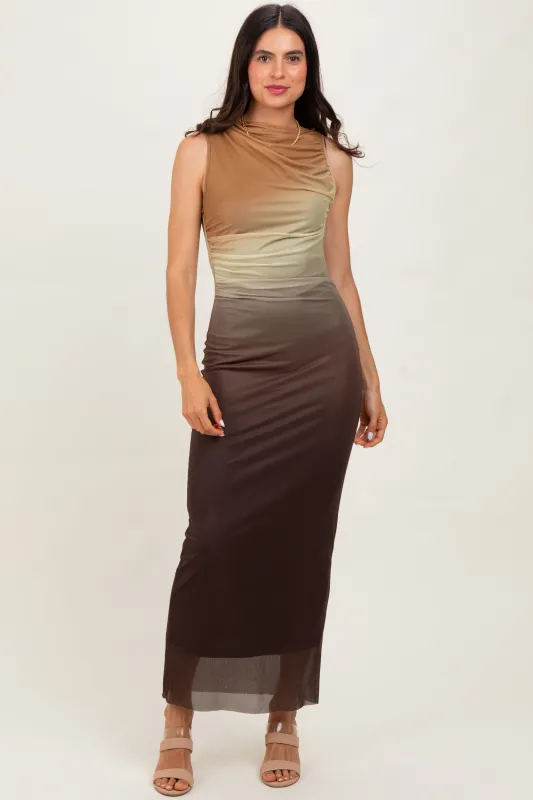 Brown Ombre Mesh Ruched Sleeveless Midi Dress sold by Pinkblush