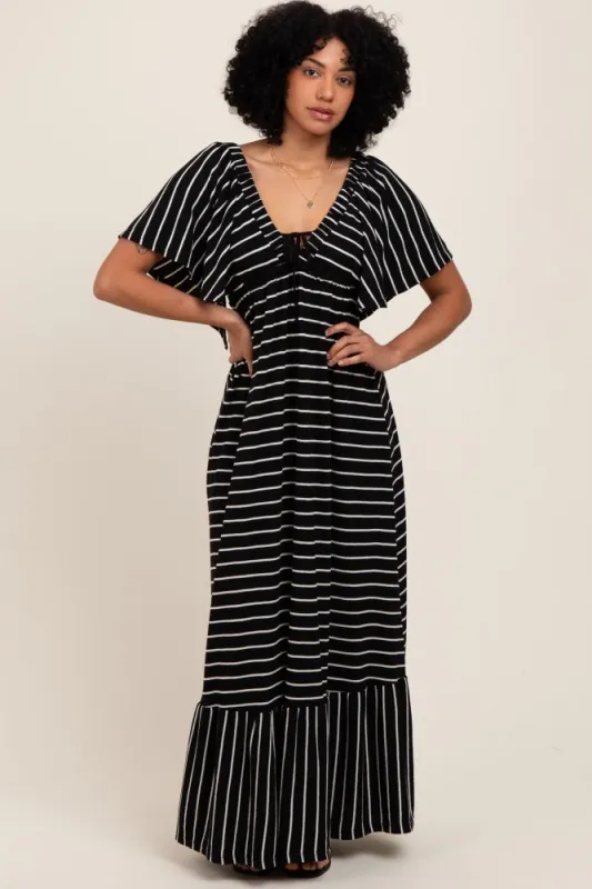 Black/ Cream Stripe Knit Flutter Sleeve V-Neck Tiered Maxi Dress sold by Pinkblush