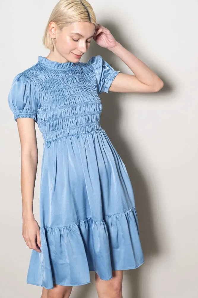 Light Blue Satin Smocked Mock Neck Dress sold by Pinkblush product image thumbnail 3