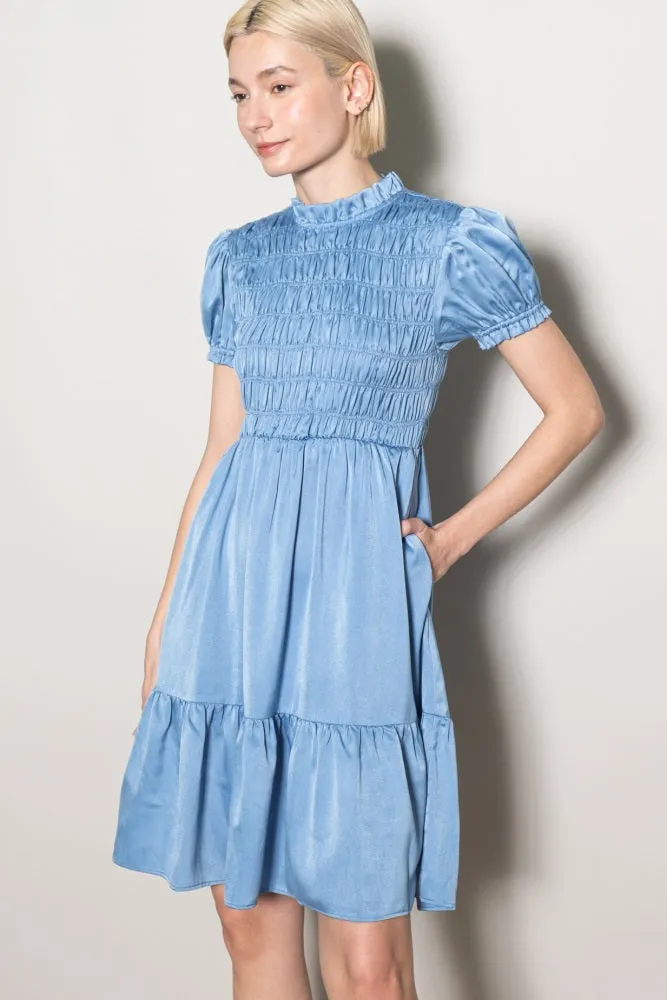 Light Blue Satin Smocked Mock Neck Dress sold by Pinkblush product image thumbnail 2