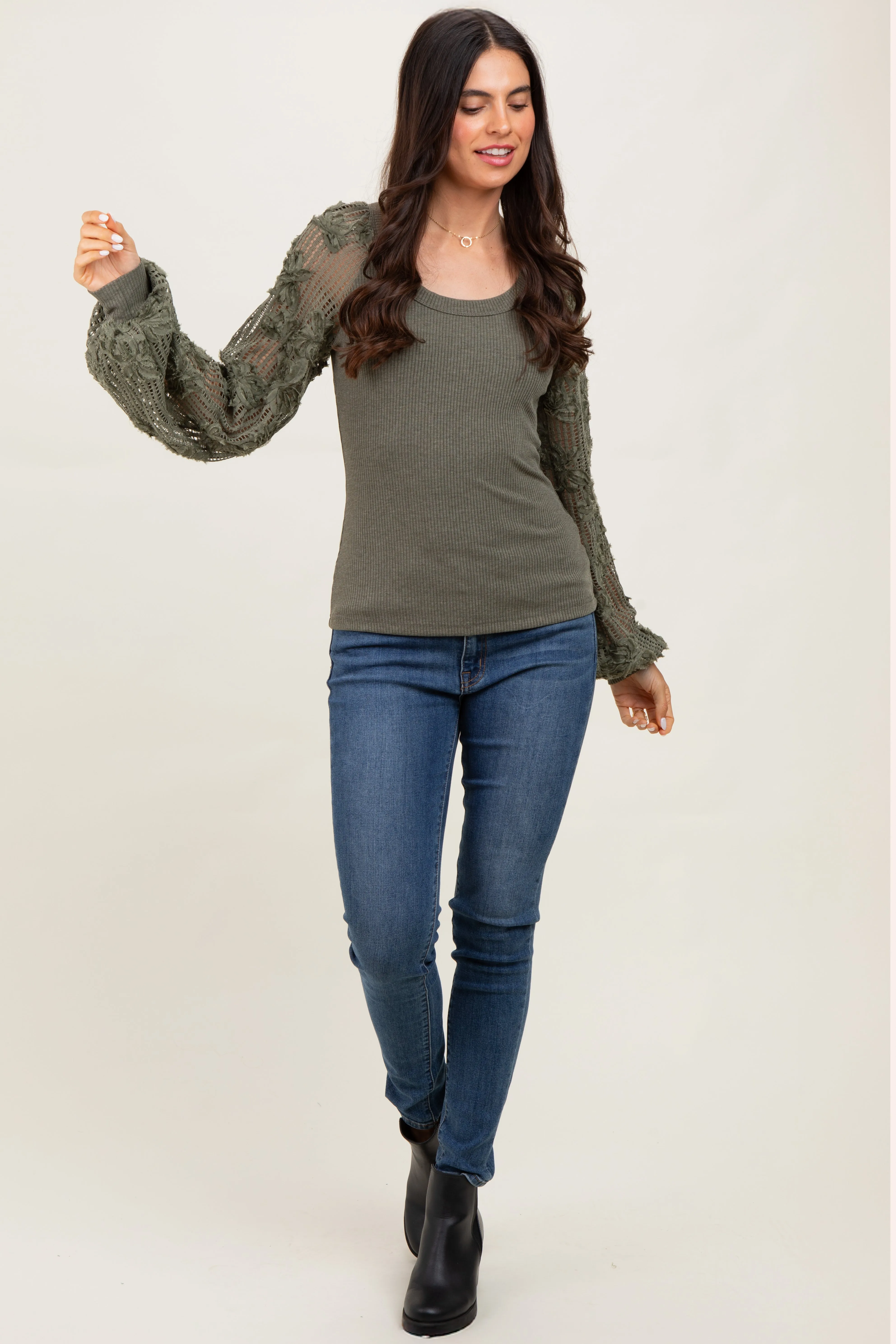Olive Floral Lace Balloon Sleeve Top sold by Pinkblush product image thumbnail 2