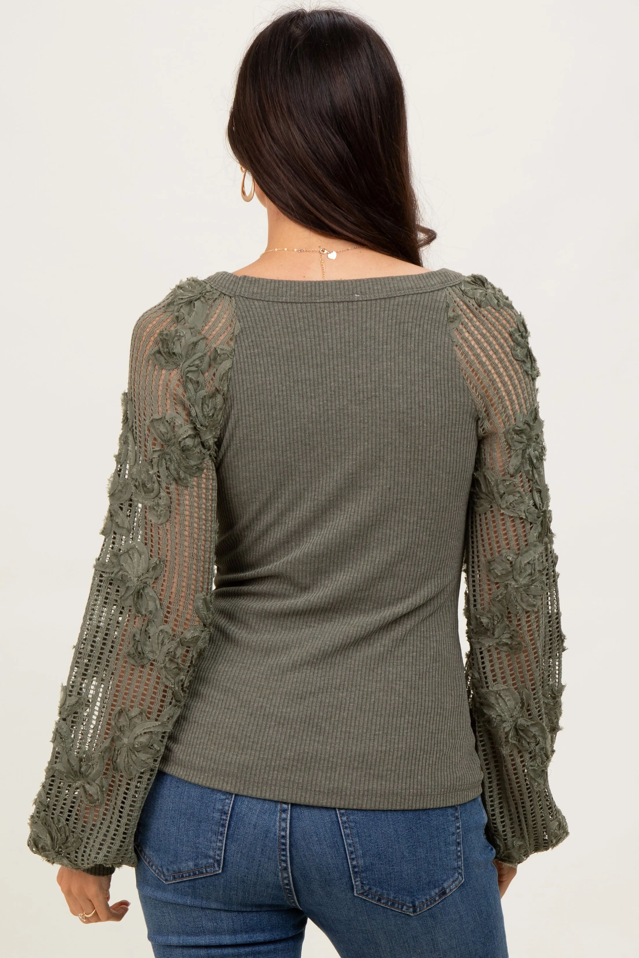 Olive Floral Lace Balloon Sleeve Top sold by Pinkblush product image thumbnail 4