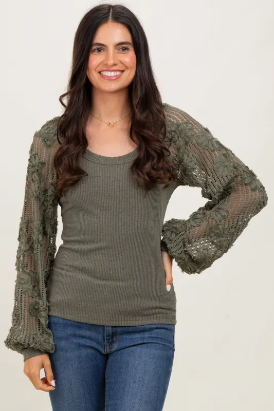 Olive Floral Lace Balloon Sleeve Top sold by Pinkblush