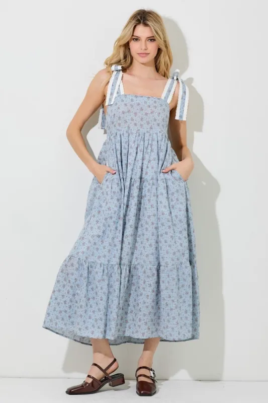 Blue Floral Gingham Shoulder Tie Midi Dress sold by Pinkblush