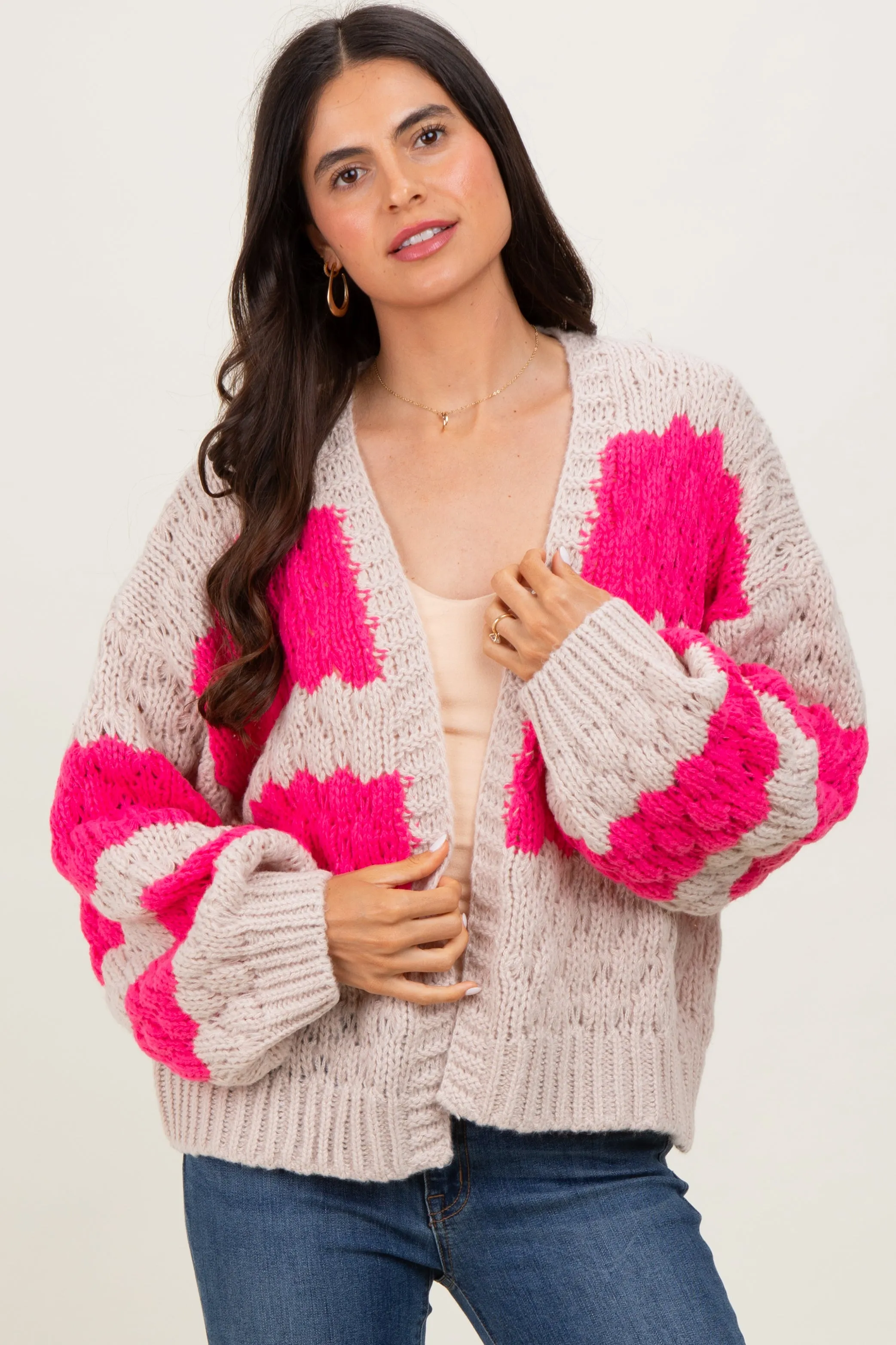 Pink Colorblock Chunky Knit Open Cardigan sold by Pinkblush