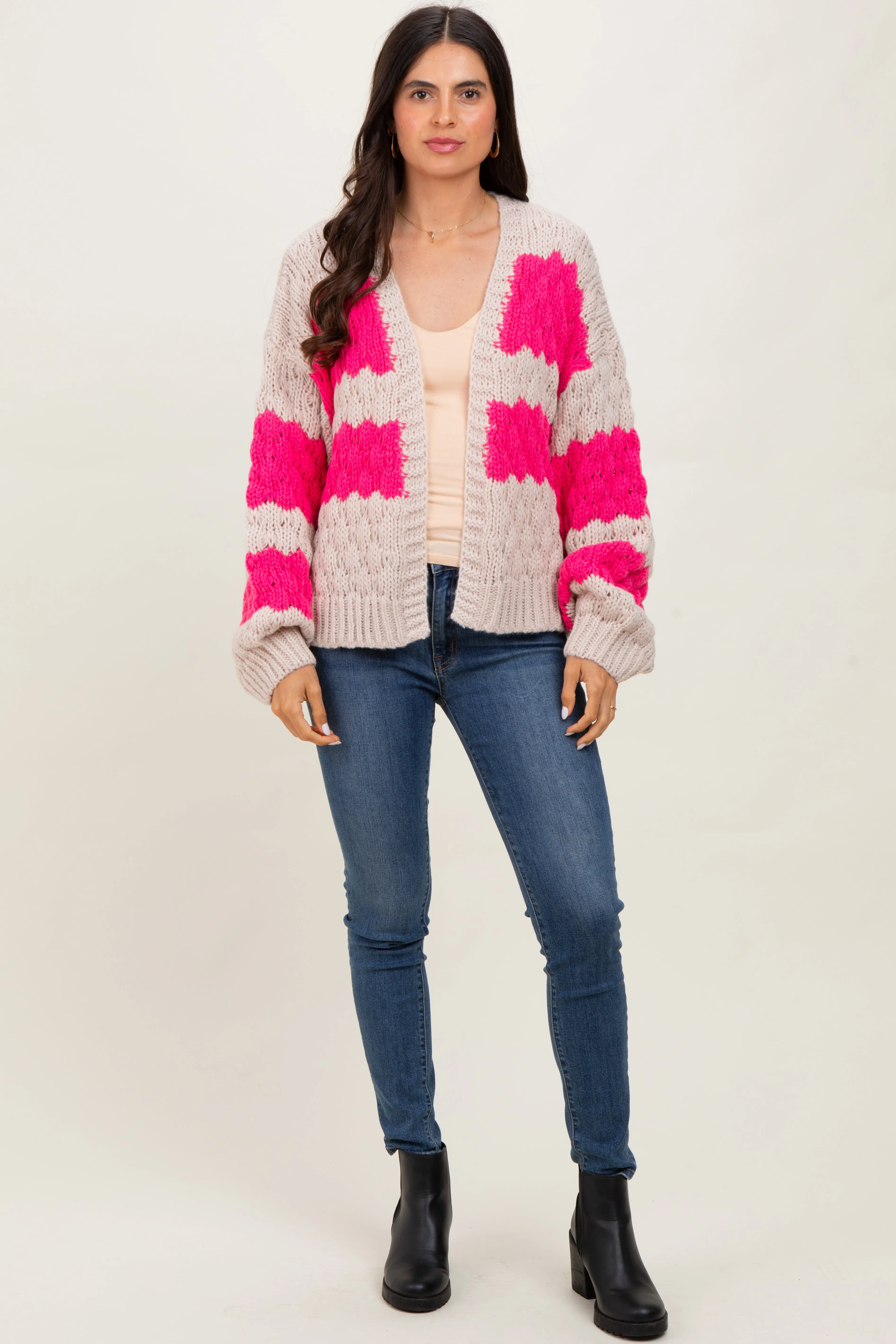 Pink Colorblock Chunky Knit Open Cardigan sold by Pinkblush product image thumbnail 2