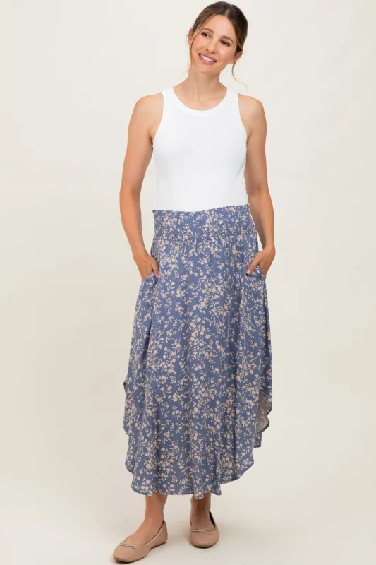 Blue Floral Smocked Waist Maternity Skirt sold by Pinkblush