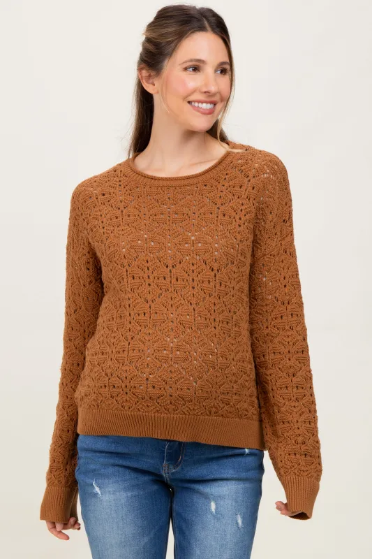 Camel Crochet Knit Drop Shoulder Maternity Sweater sold by Pinkblush