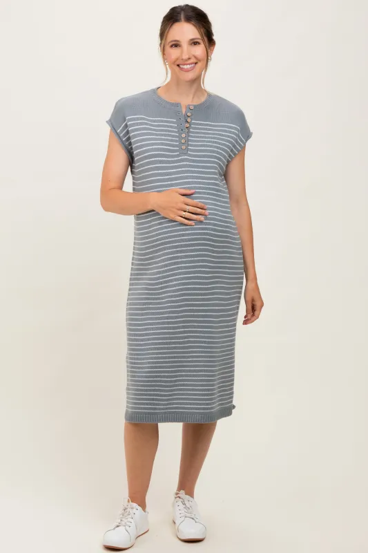 Grey Striped Knit Button Detail Maternity Midi Dress sold by Pinkblush