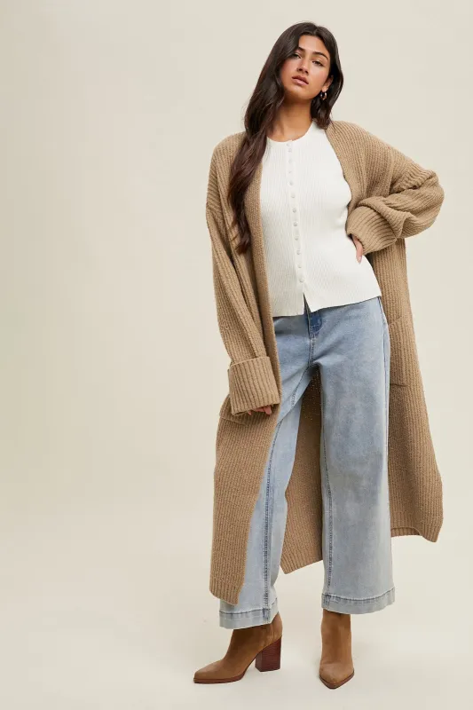 Camel Ribbed Chunky Knit Long Oversized Cardigan sold by Pinkblush