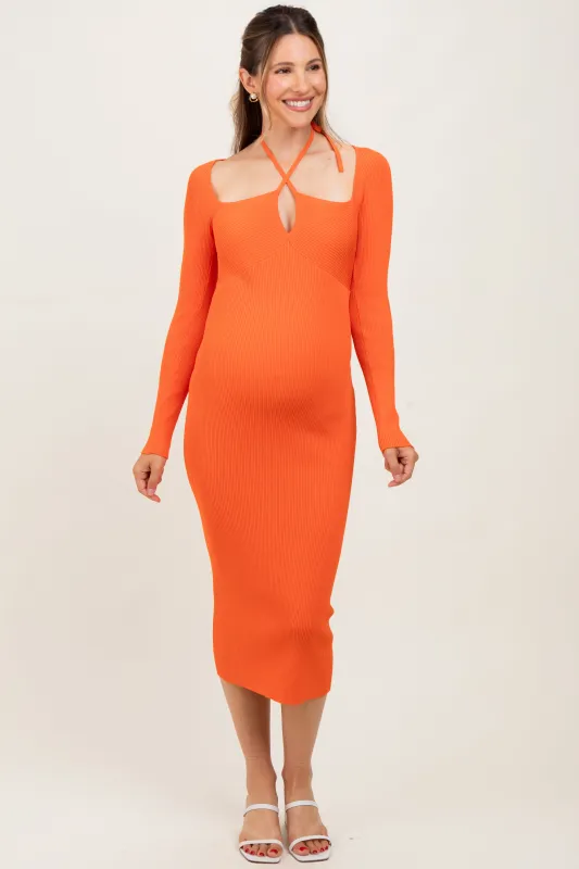 Orange Cutout Cross-Strap Knit Maternity Midi Dress sold by Pinkblush