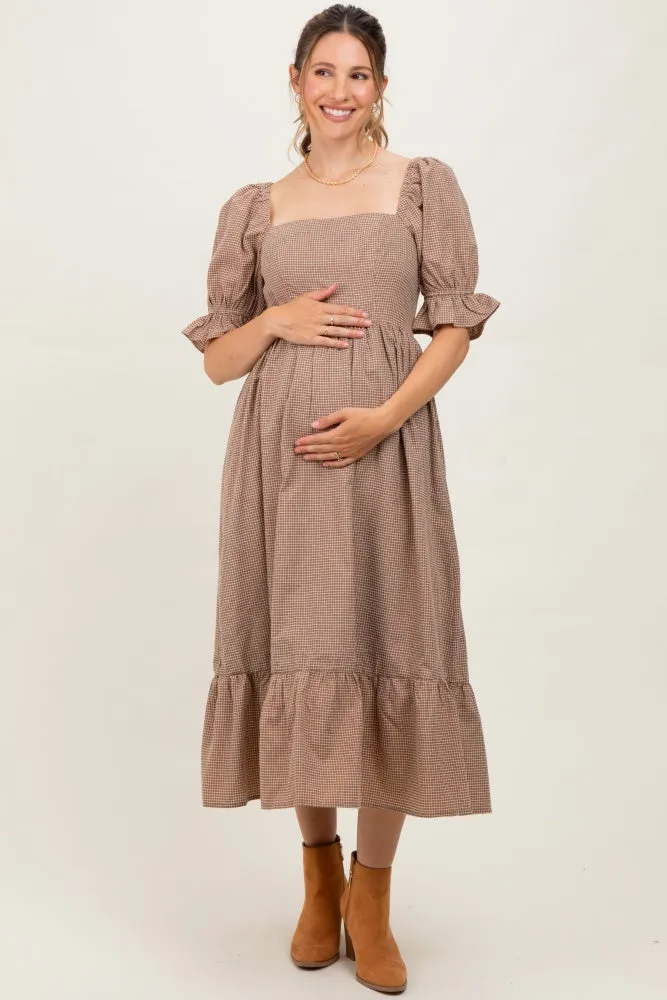 Mocha Gingham Square Neck Maternity Midi Dress sold by Pinkblush
