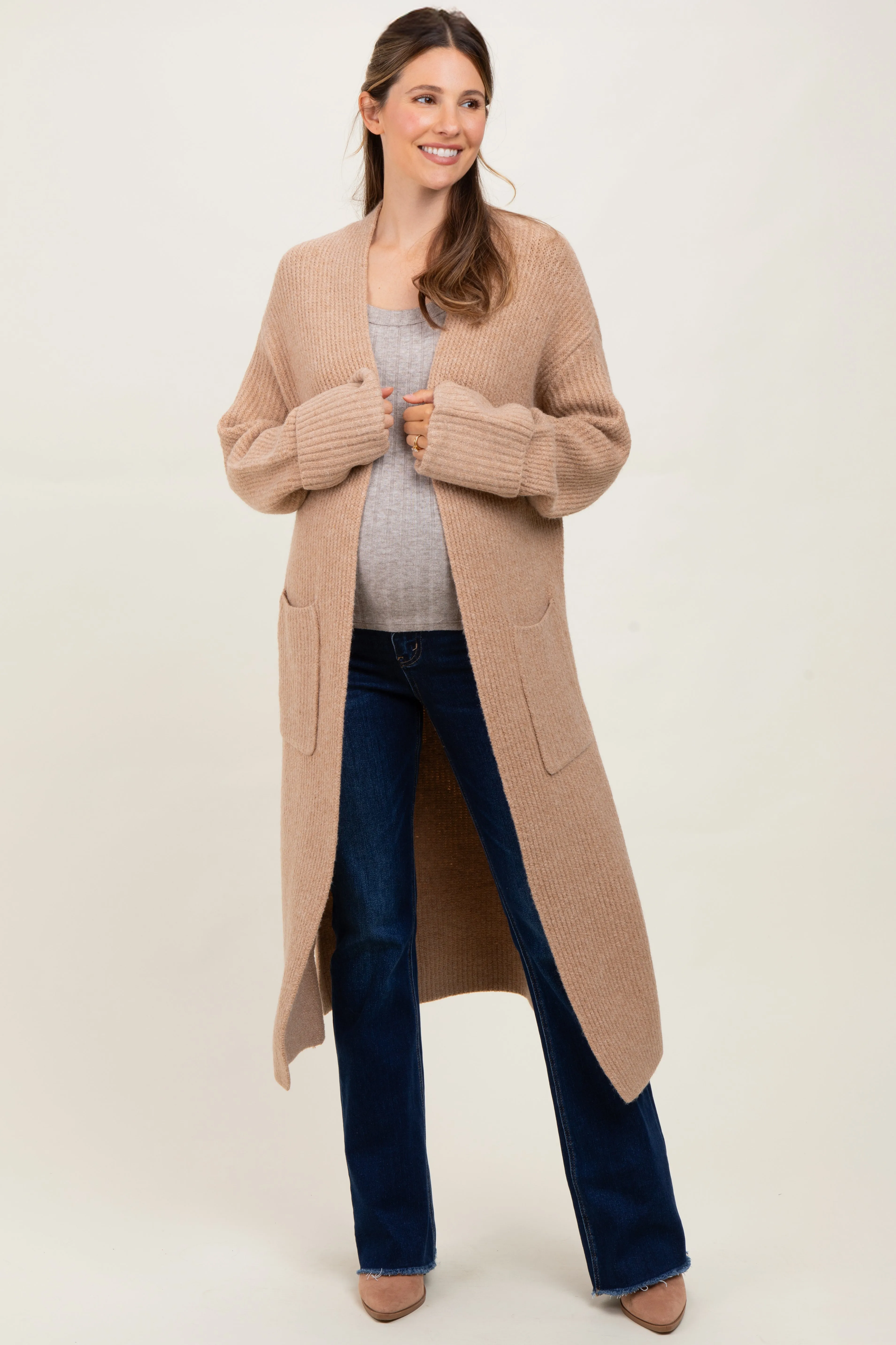 Camel Ribbed Chunky Knit Long Oversized Maternity Cardigan sold by Pinkblush